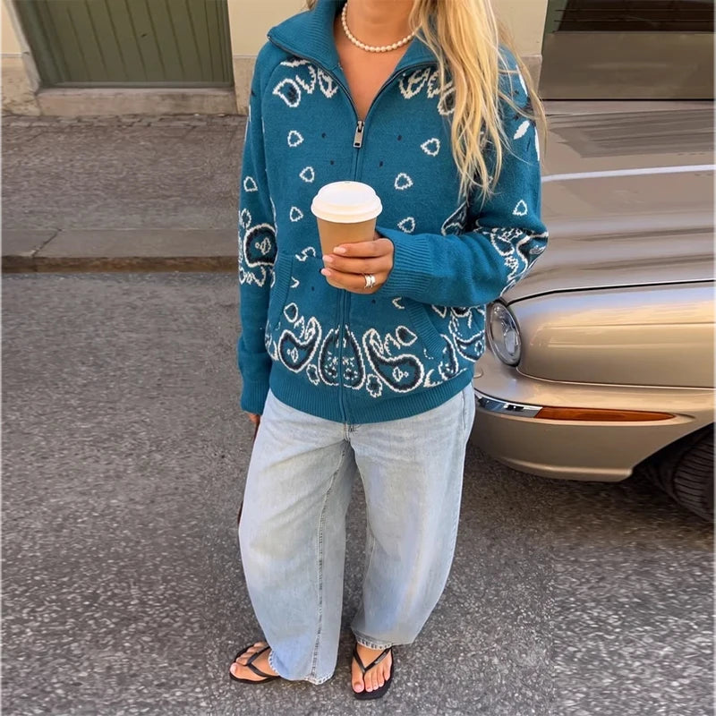 Women's Boho Jacquard Knit Cardigan with Stand Collar and Zip