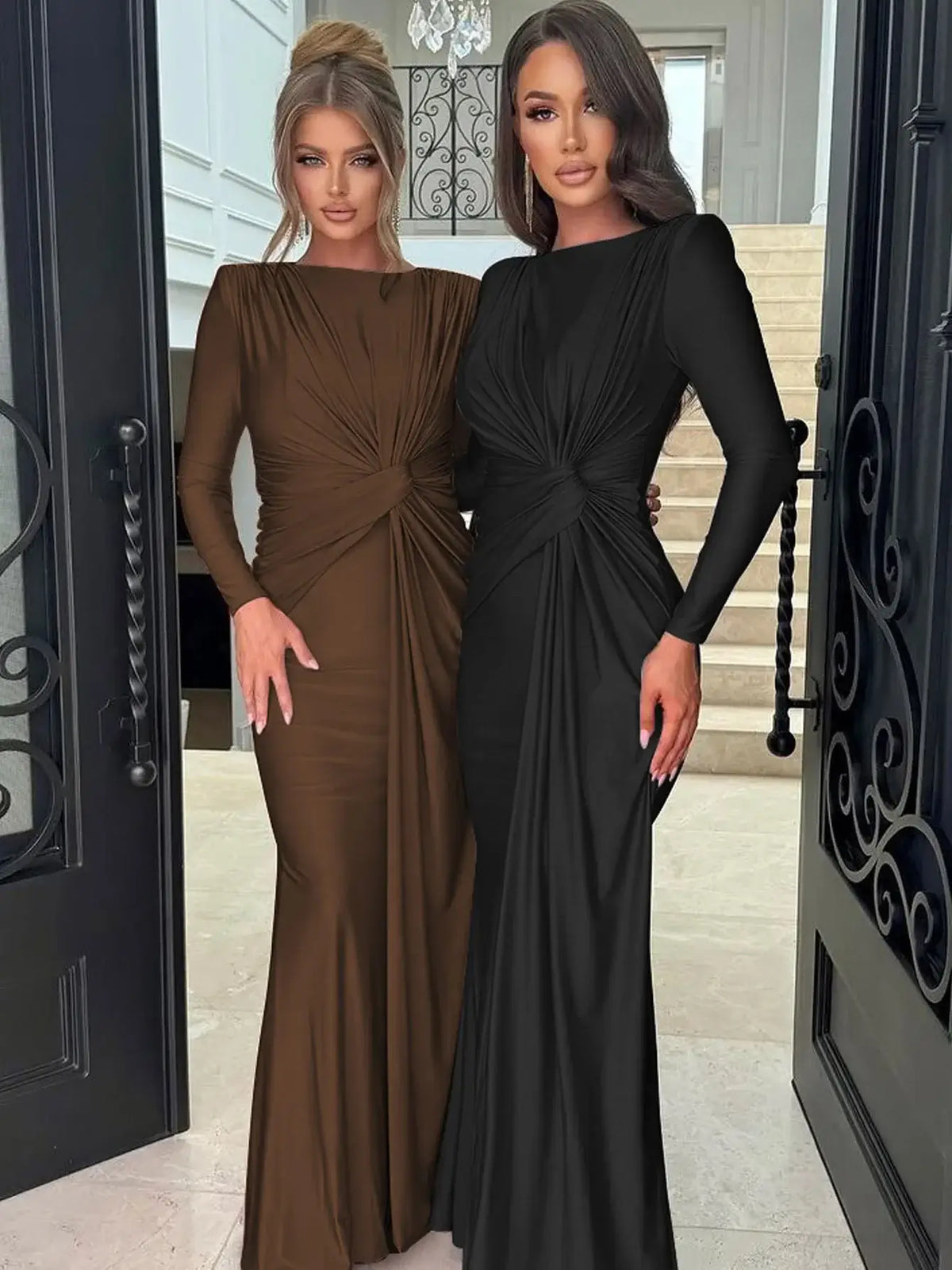Ruched Bodycon Maxi Dress with Long Sleeves and Fishtail Hem