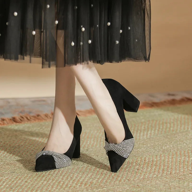 Chunky Heel Pointed Toe Black Rhinestone High Heel Women's Work Shoes Plus Size Pumps LADYLYS