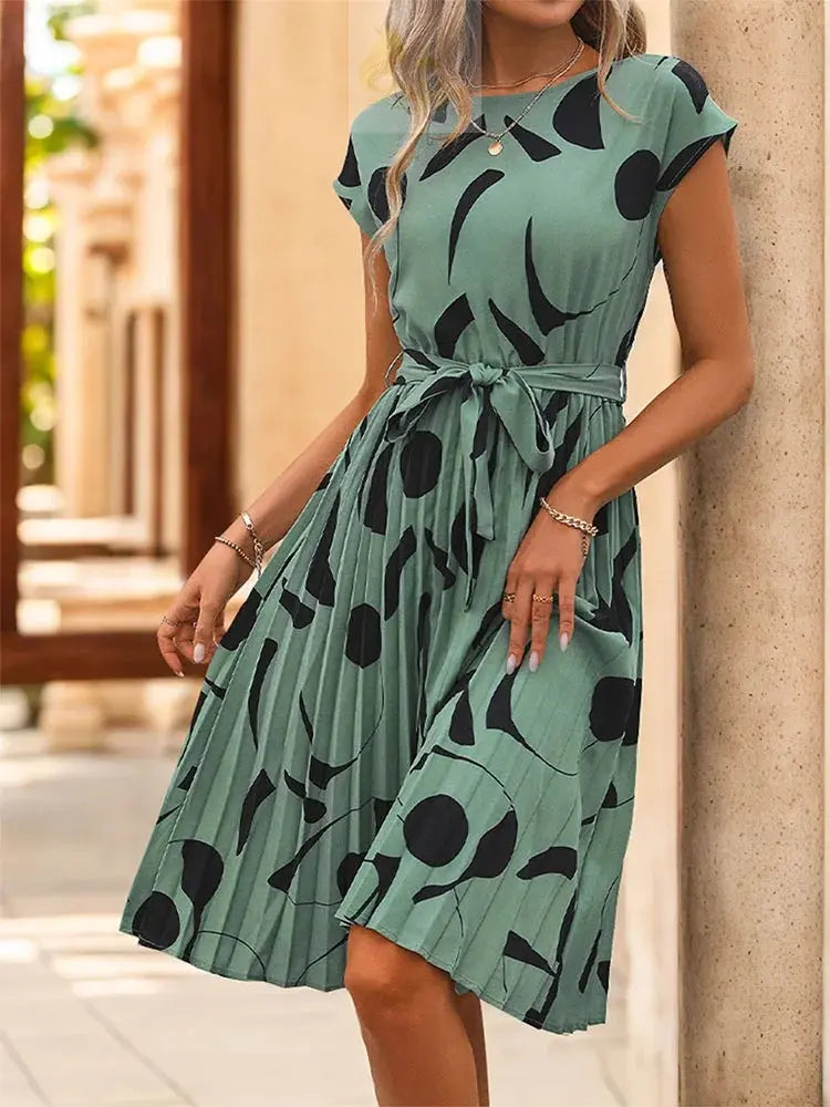 Spring Summer O Neck Pleated Medium Long Dress Fashion Print Lace-up Dress LADYLYS