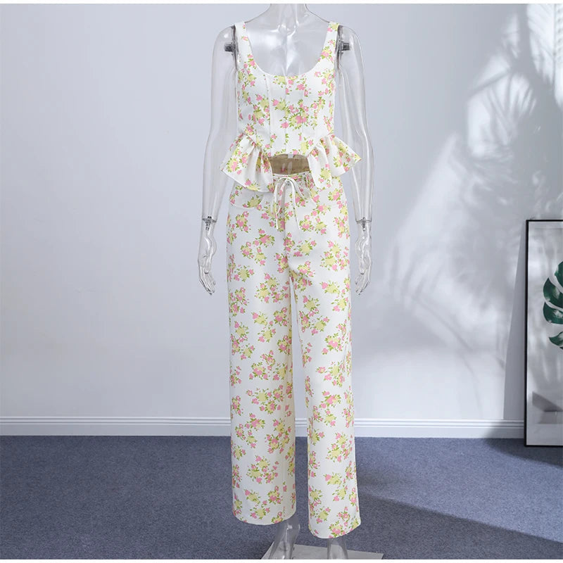 Sexy Print Vest Pants Women Set Beach Patchwork Slash Neck Lace Up Top LADYLYS