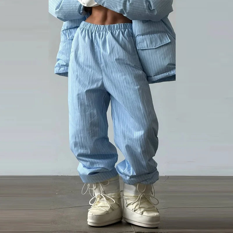 Women's Striped 2-Piece Set – Zip-Up Hooded Puffer Coat & Wide-Leg Jogger Pants | Warm Winter Suit