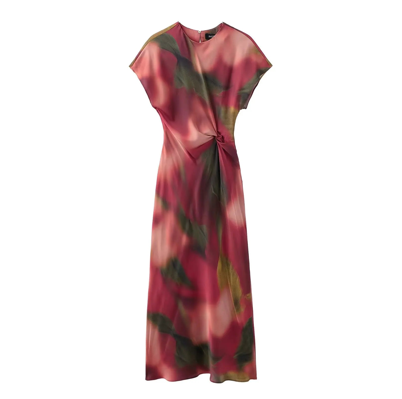 Vintage Satin Asymmetric Print Midi Pinch Pleat Long Dress LADYLYS