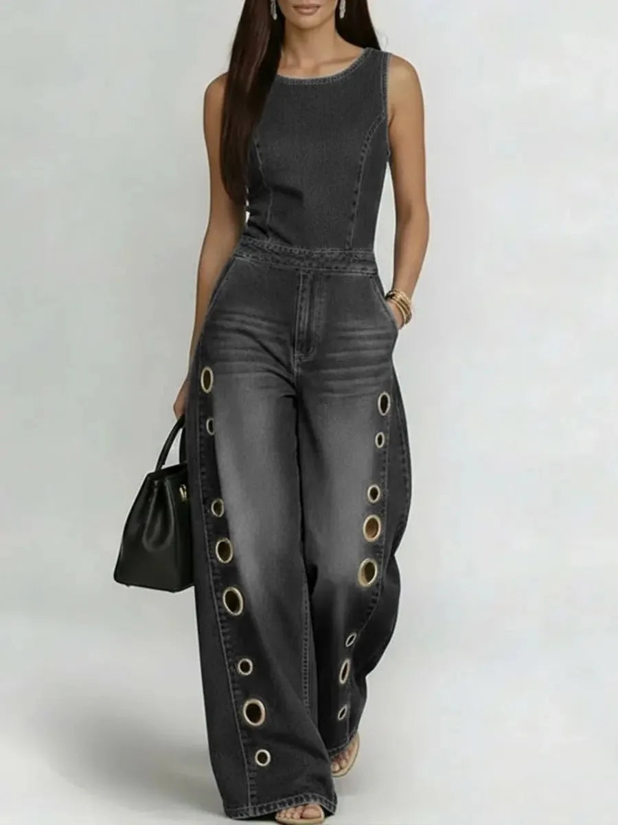 New Spring/Summer Fashion Casual Sleeveless O-neck Hollow Out Pockets Solid Color Slim Fit Ankle-Length Demin Jumpsuits,3 Colors LADYLYS