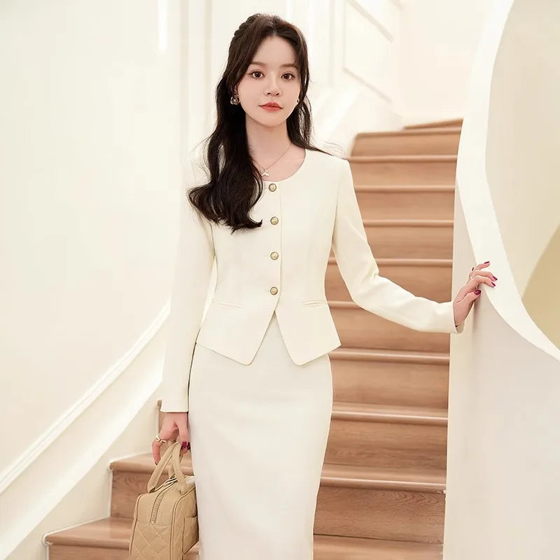 Women's 2-Piece Business Skirt Suit – Long Sleeve Blazer & Midi Skirt | Office Professional Set