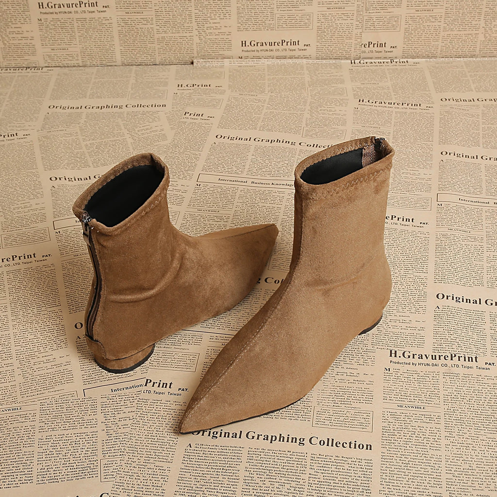 Women's Faux Suede Pointed Toe Mid-Calf Boots – Warm Flannel Lining, Low Heel