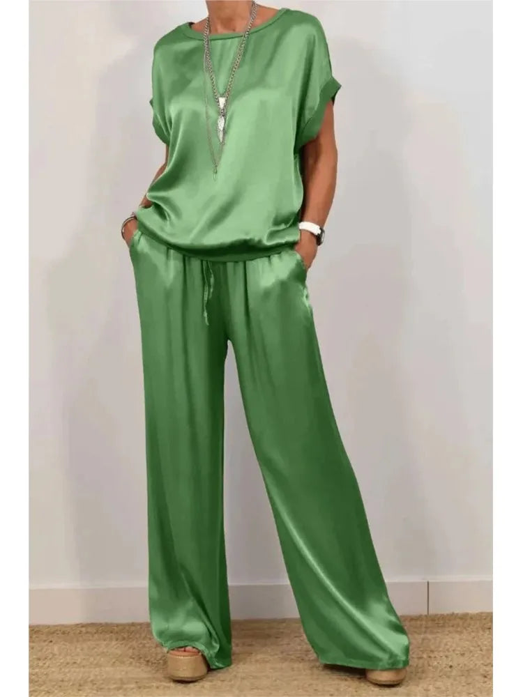 2-piece Set Fashion Satin O Neck T-shirt Top Trousers Summer Retro Elegant LADYLYS