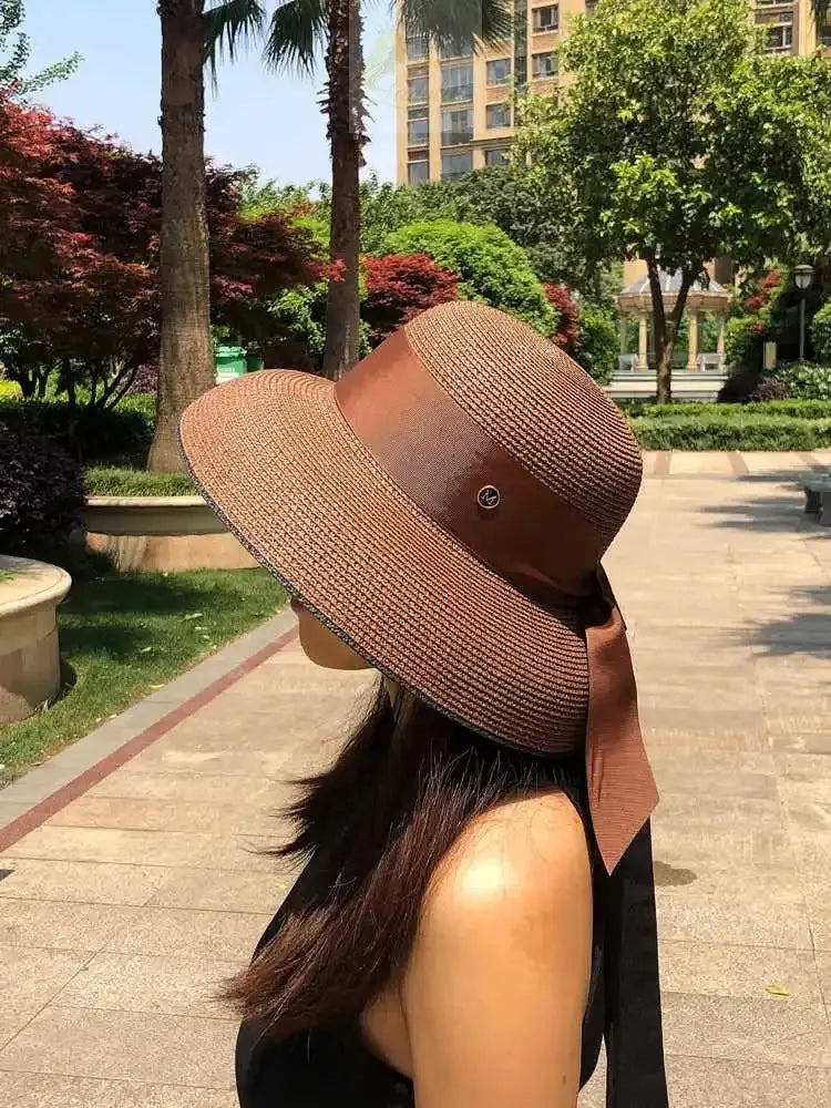 French Retro Straw Sun Hat with Bow Detail - Hepburn Style Elegant Wide Brim LADYLYS