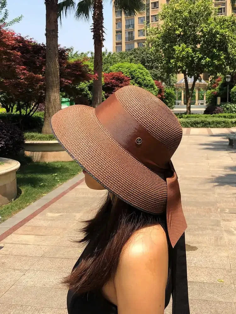 French Retro Straw Sun Hat with Bow Detail - Hepburn Style Elegant Wide Brim LADYLYS