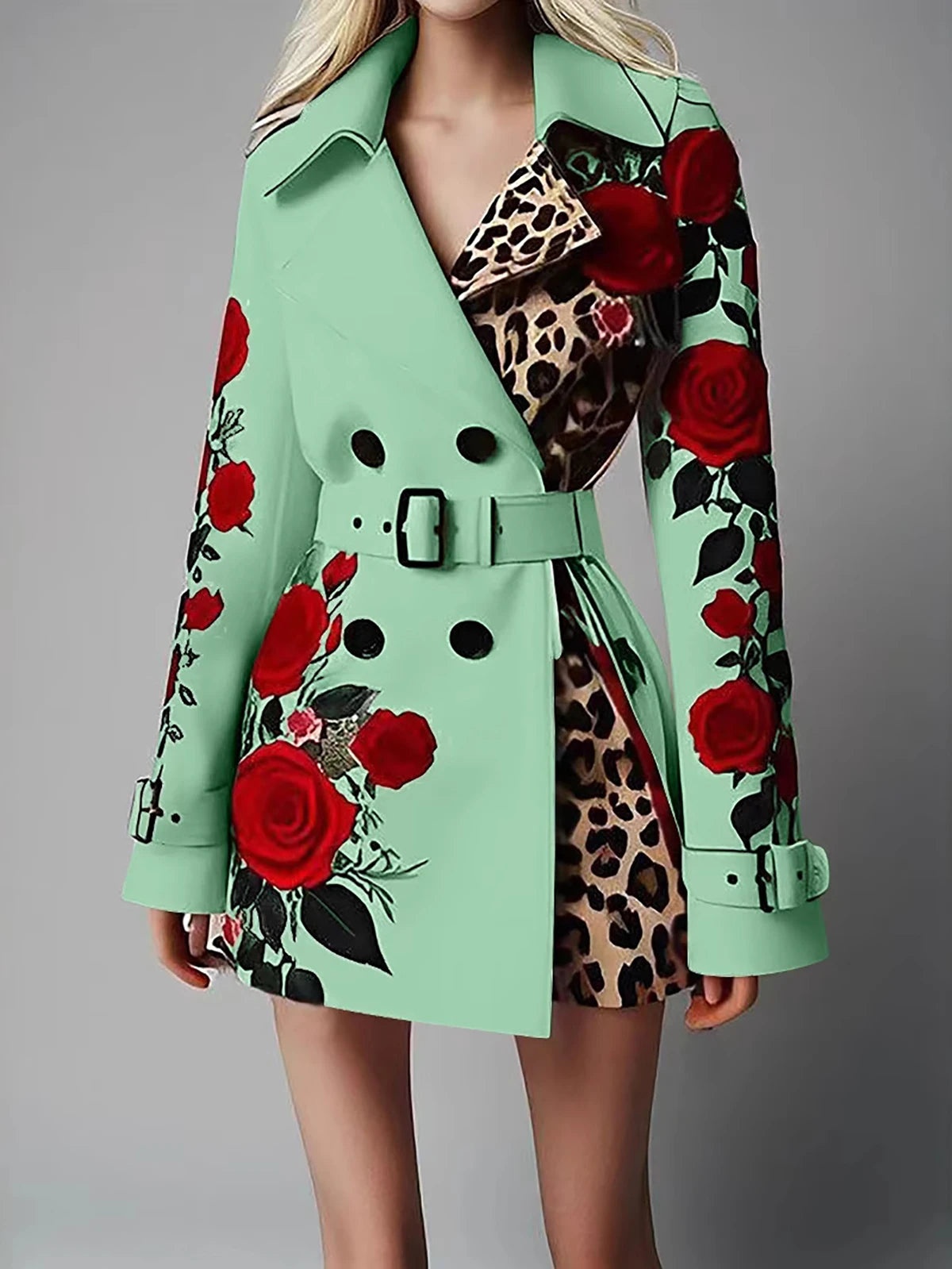 Chic Trench Coat Red Rose Leopard Print Double Breasted Belted Lapel Long LADYLYS