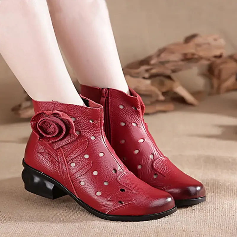 Women's Leather Ankle Boots with Low Heel and Zip