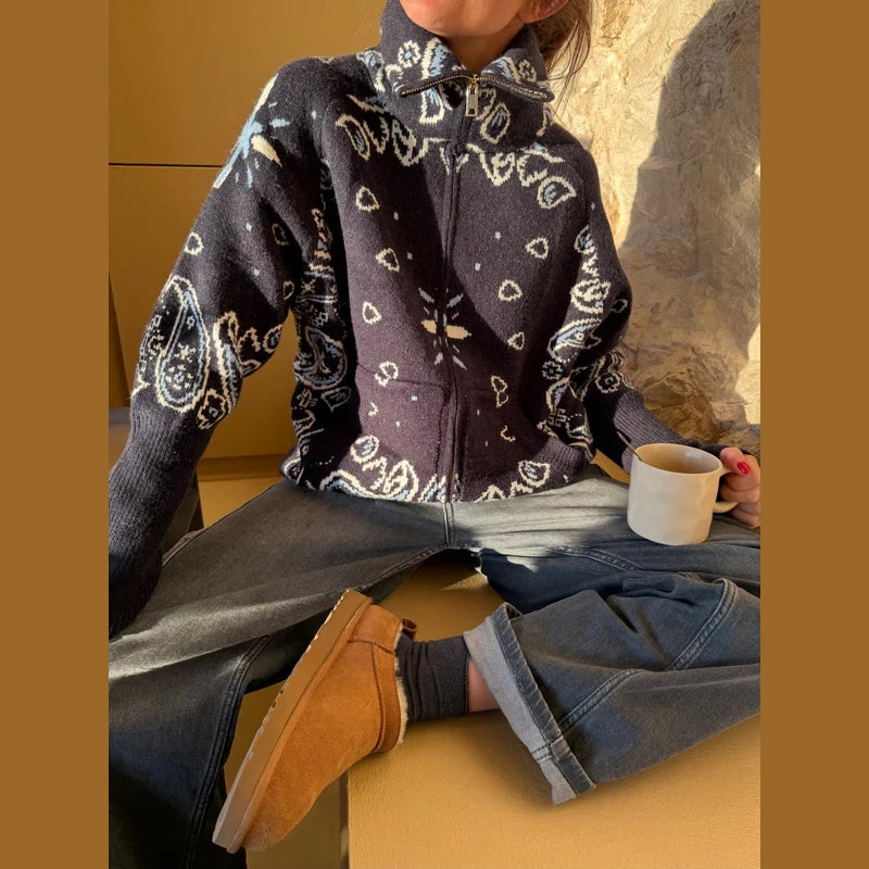 Women's Boho Jacquard Knit Cardigan with Stand Collar and Zip