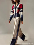 Women's Red Colour-Block Blazer & Trousers Set