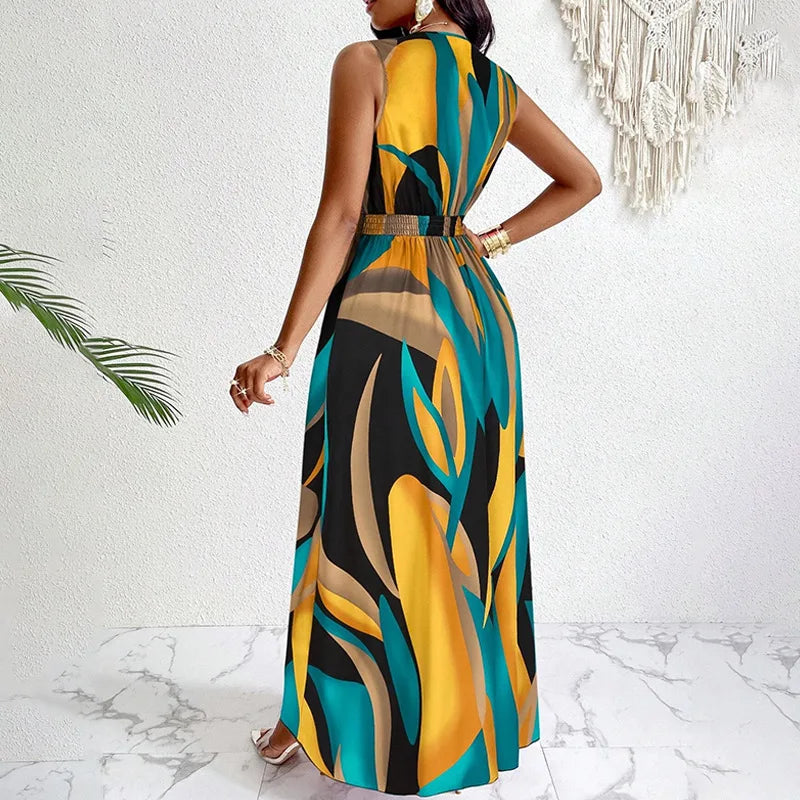 Temperament Printed Waist Cinching Dress, Summer V-neck Elegant LADYLYS