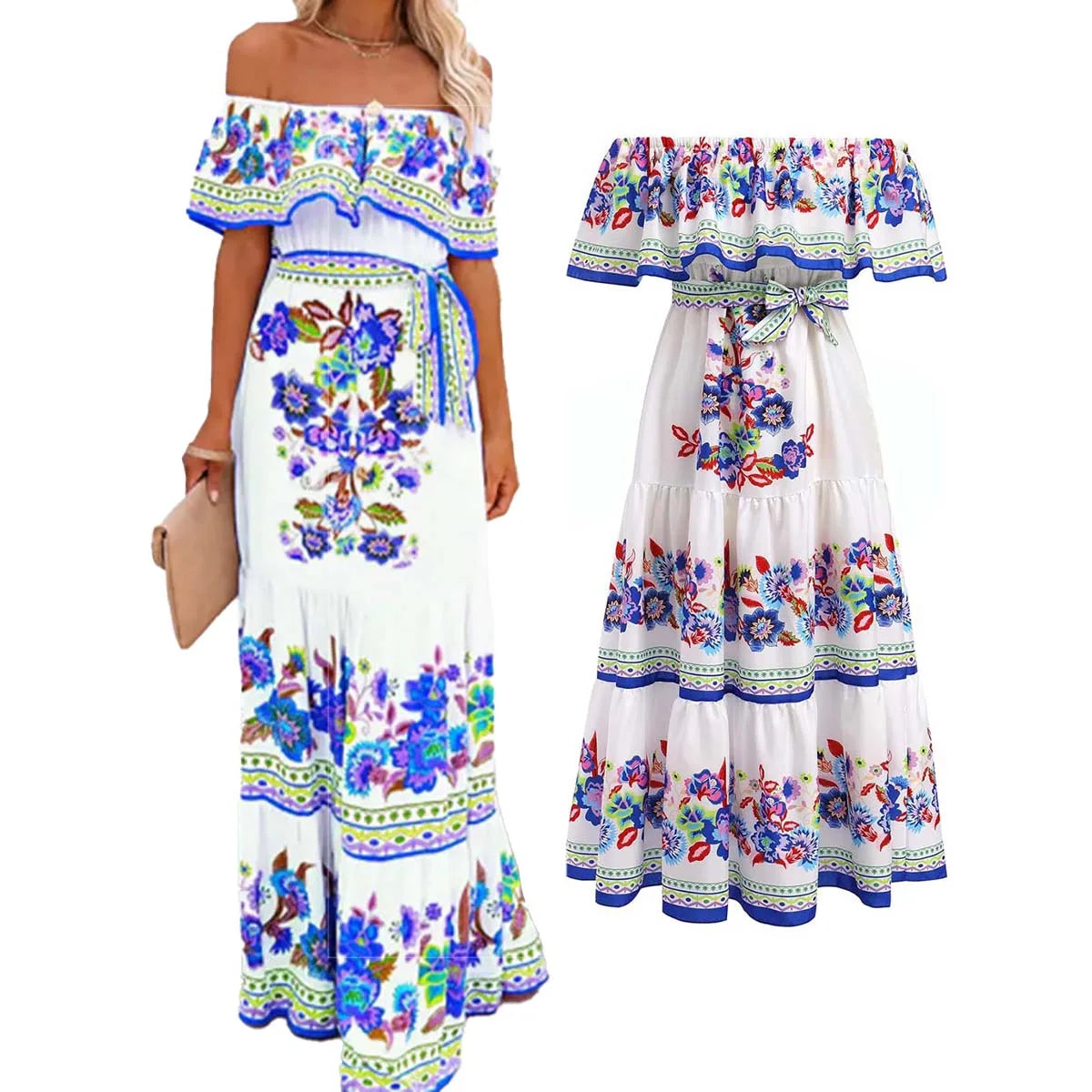 Ethnic Mexican Cinco De Mayo Summer Floral Print Off Shoulder Dress LADYLYS
