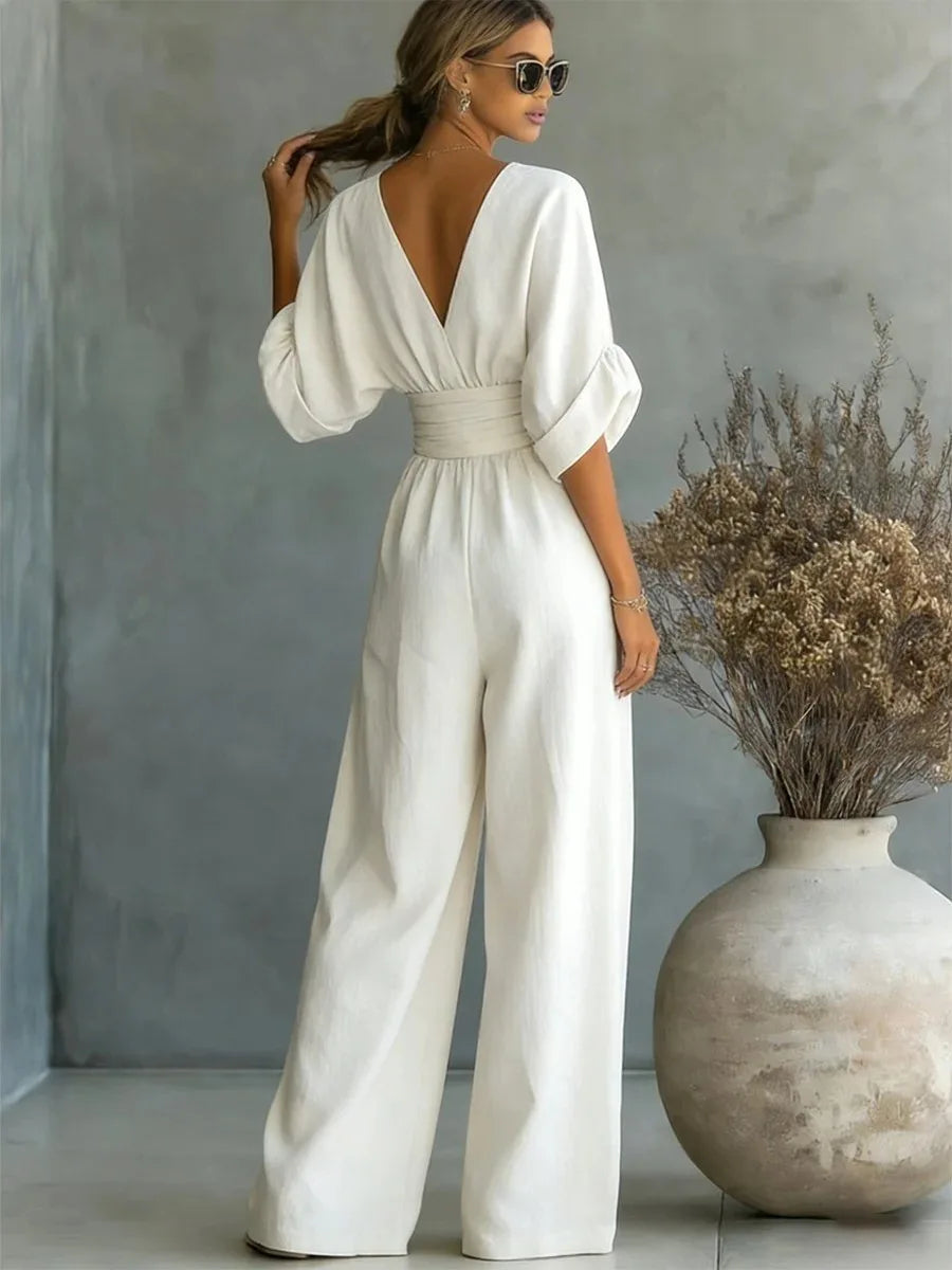 Jumpsuit Fashion High Waist V-neck Casual Sexy  Solid Color LADYLYS