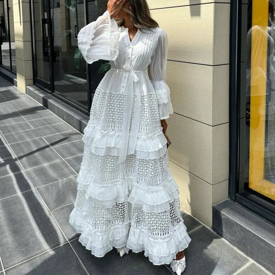 Lace Hollow-Out A-Line Dress – V-Neck, Flare Sleeves & Bandage Detail