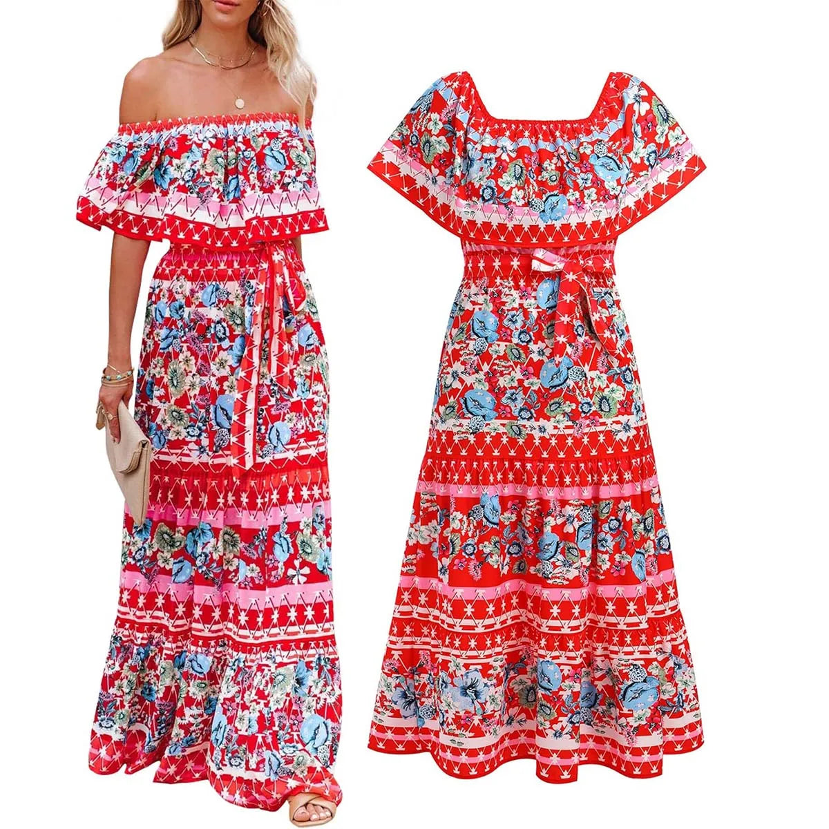 Ethnic Mexican Cinco De Mayo Summer Floral Print Off Shoulder Dress LADYLYS