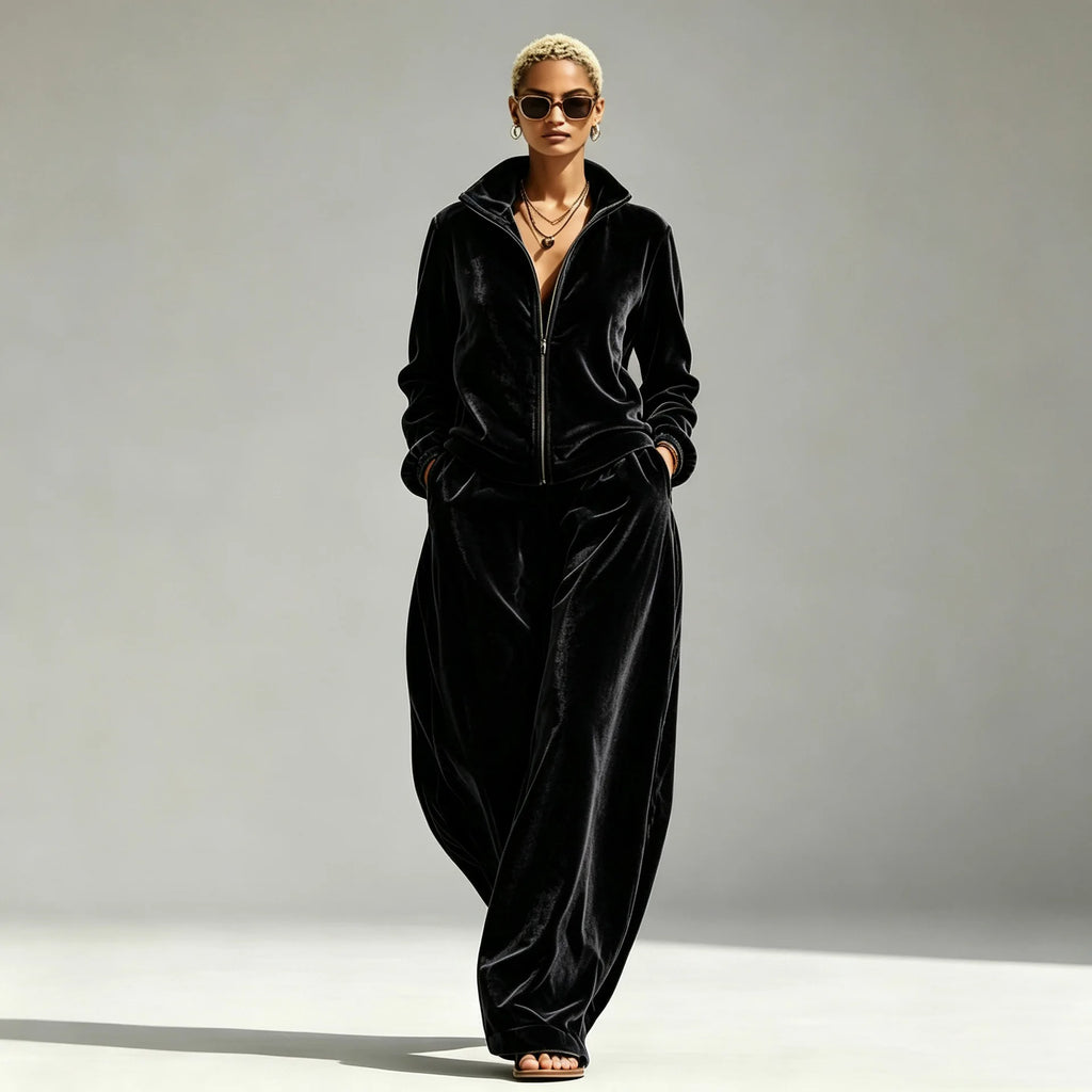 Women's Velvet Two-Piece Set with Wide-Leg Pants
