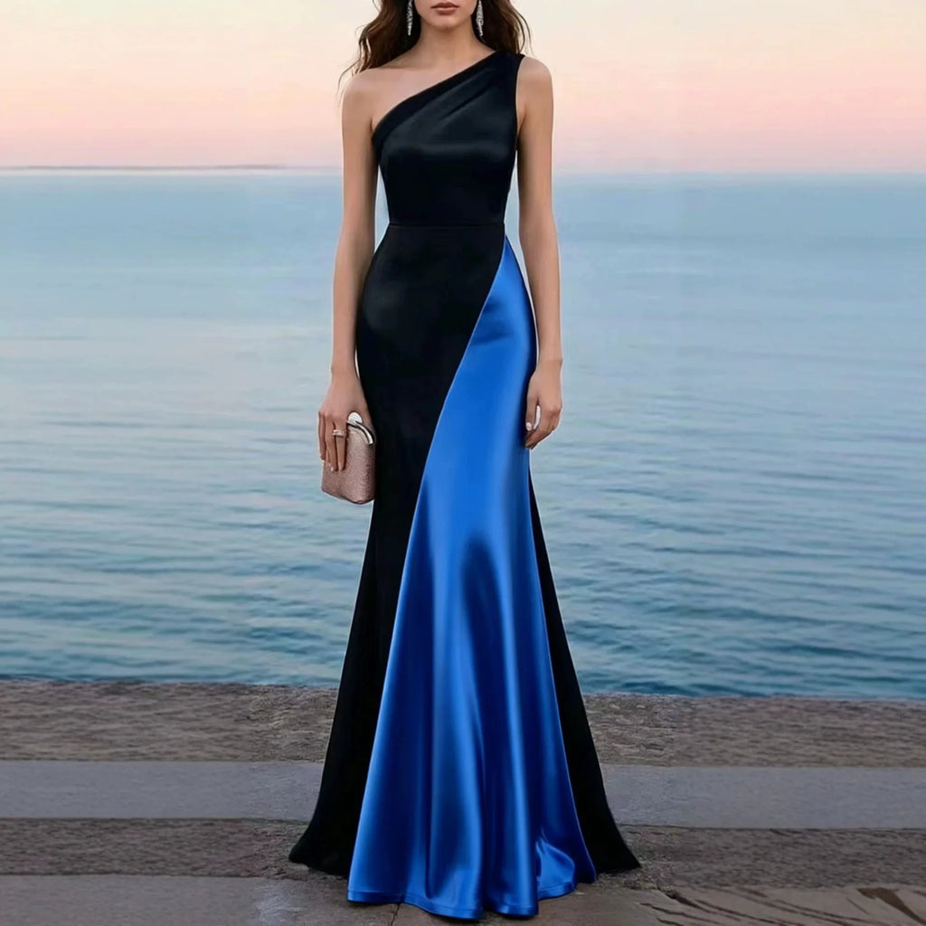 Women's Luxury Satin One-Shoulder Mermaid Gown — Black & Red Patchwork Evening Dress