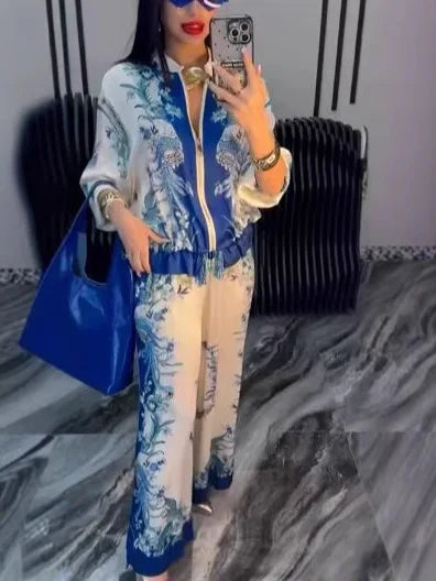 Printed Drawstring Trousers 2-Piece Set – Zipper Top & Wide-Leg Pants Outfit
