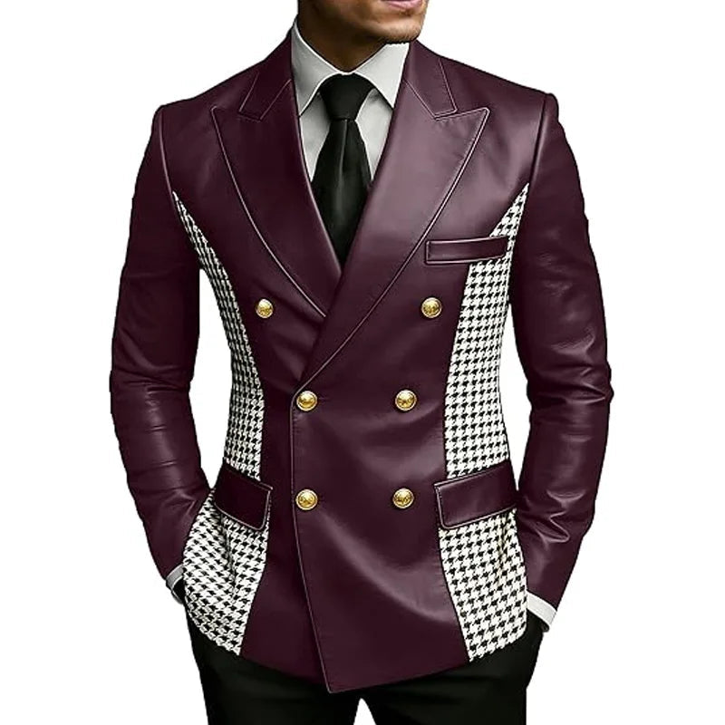 Leather Blazer With Houndstooth Sides Vintage Two-Tone Double Breasted LADYLYS