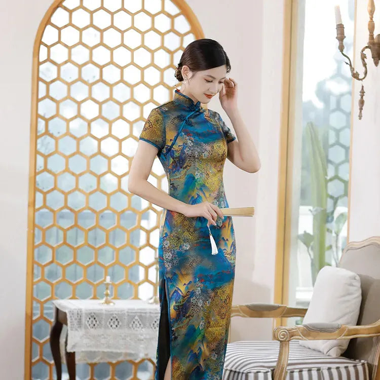 Printed Short-Sleeve Qipao-Inspired Midi Dress