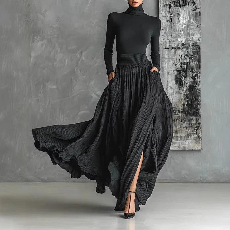 Women's French Elegant Two-Piece Skirt Set – Pleated A-Line, Bow Neck, Pockets, Split Hem