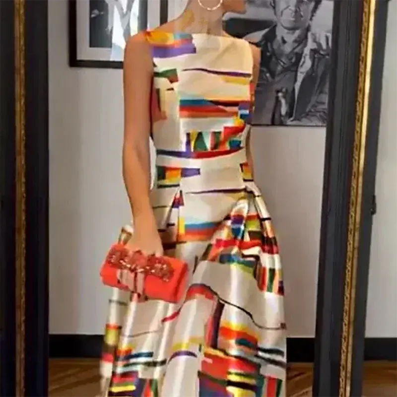 Elegant Printed O-Neck Evening Dress Sexy Hollow Sleeveless LADYLYS
