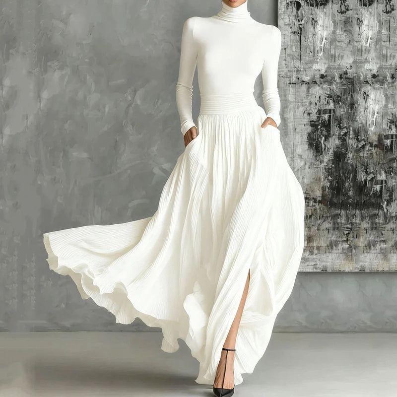 Women's French Elegant Two-Piece Skirt Set – Pleated A-Line, Bow Neck, Pockets, Split Hem