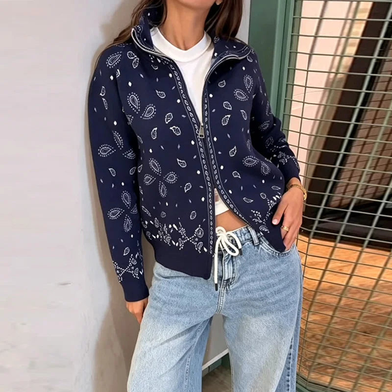 Women's Boho Jacquard Knit Cardigan with Stand Collar and Zip