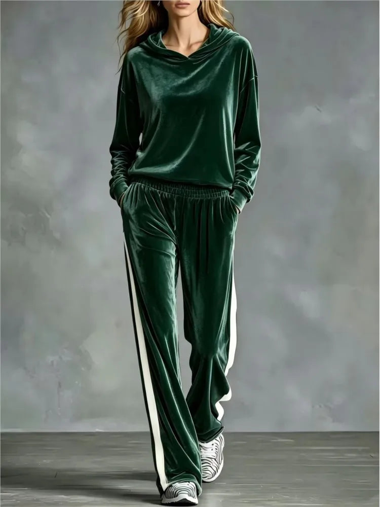 Women's 2-Piece Hooded Sweatshirt & Trouser Set – Patchwork, Casual Loose Fit