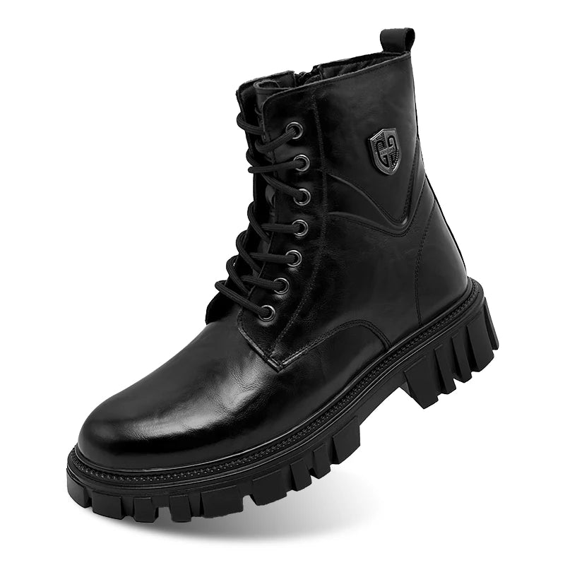 Men's Split Leather Motorcycle Ankle Boots – High-Top Slip-On Thick Sole Winter Boots