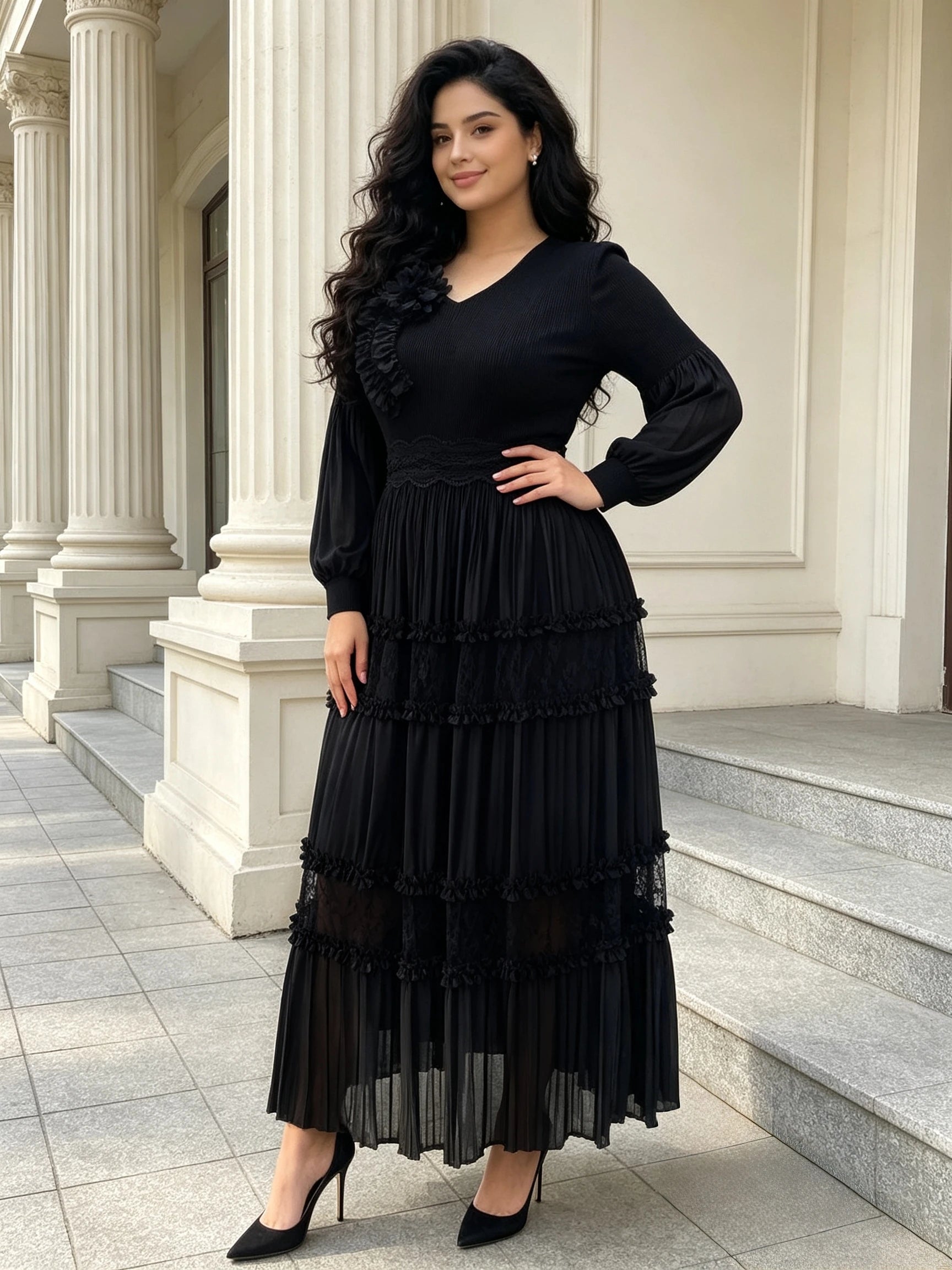 Women's Pleated Tiered Lace Midi Dress – V-Neck Lantern Sleeve Floral Detail | Elegant African Fashion
