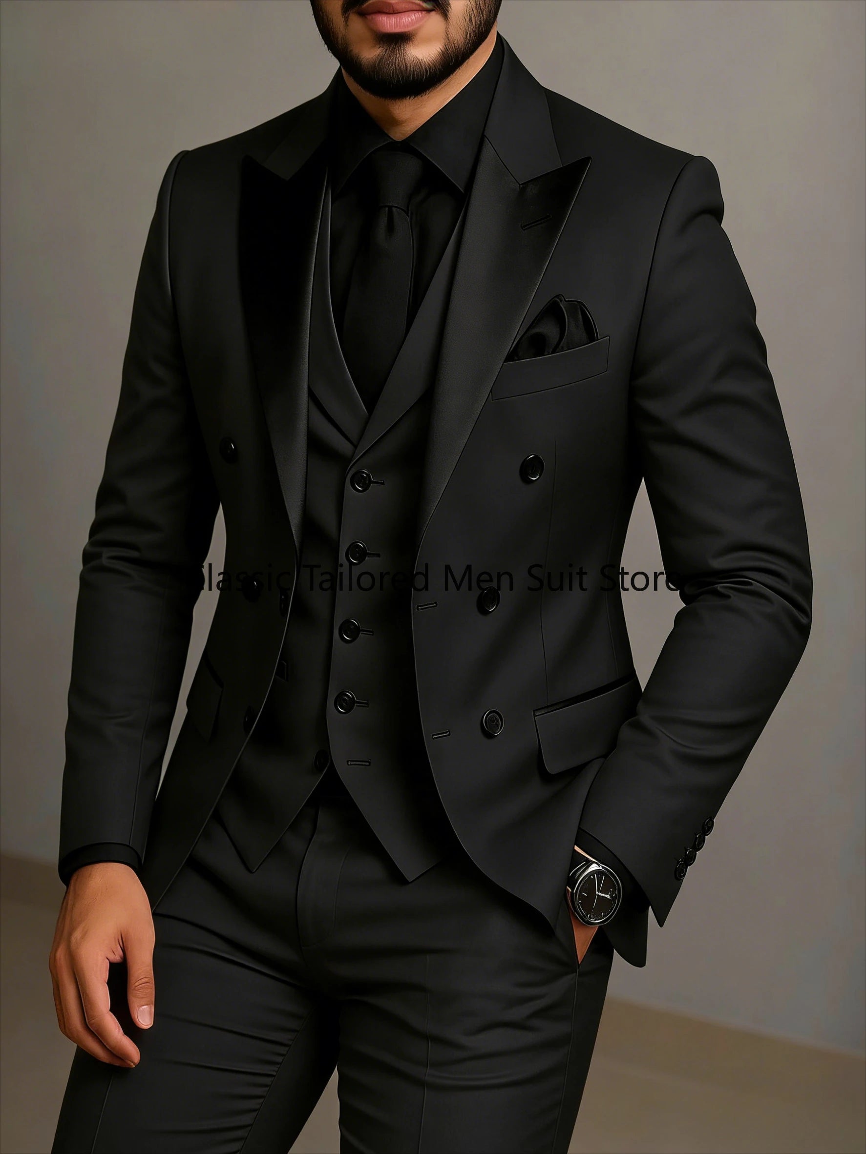 Beige Double Breasted Black Lapel  Slim Fit Wedding Suit LADYLYS