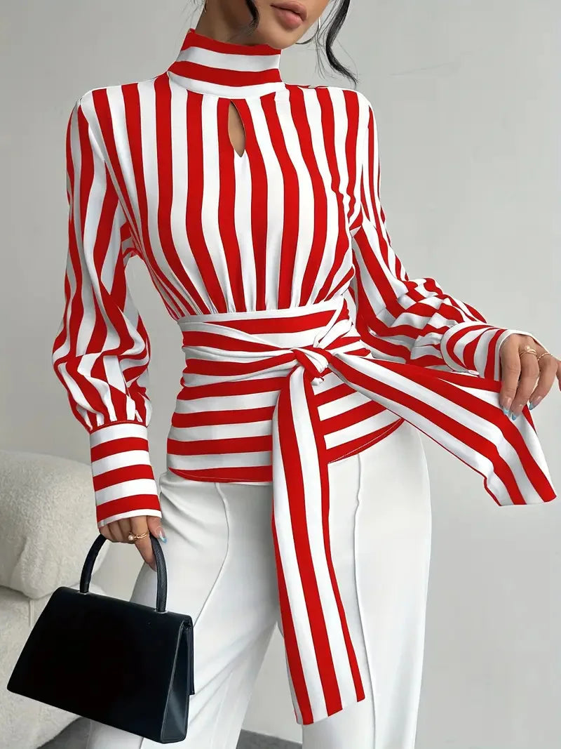 Fashion Trendy Women Black White Contrast Striped Shirt Autumn New Retro Scarf Collar Long-sleeved Elegant Female Pullover Shirt LADYLYS