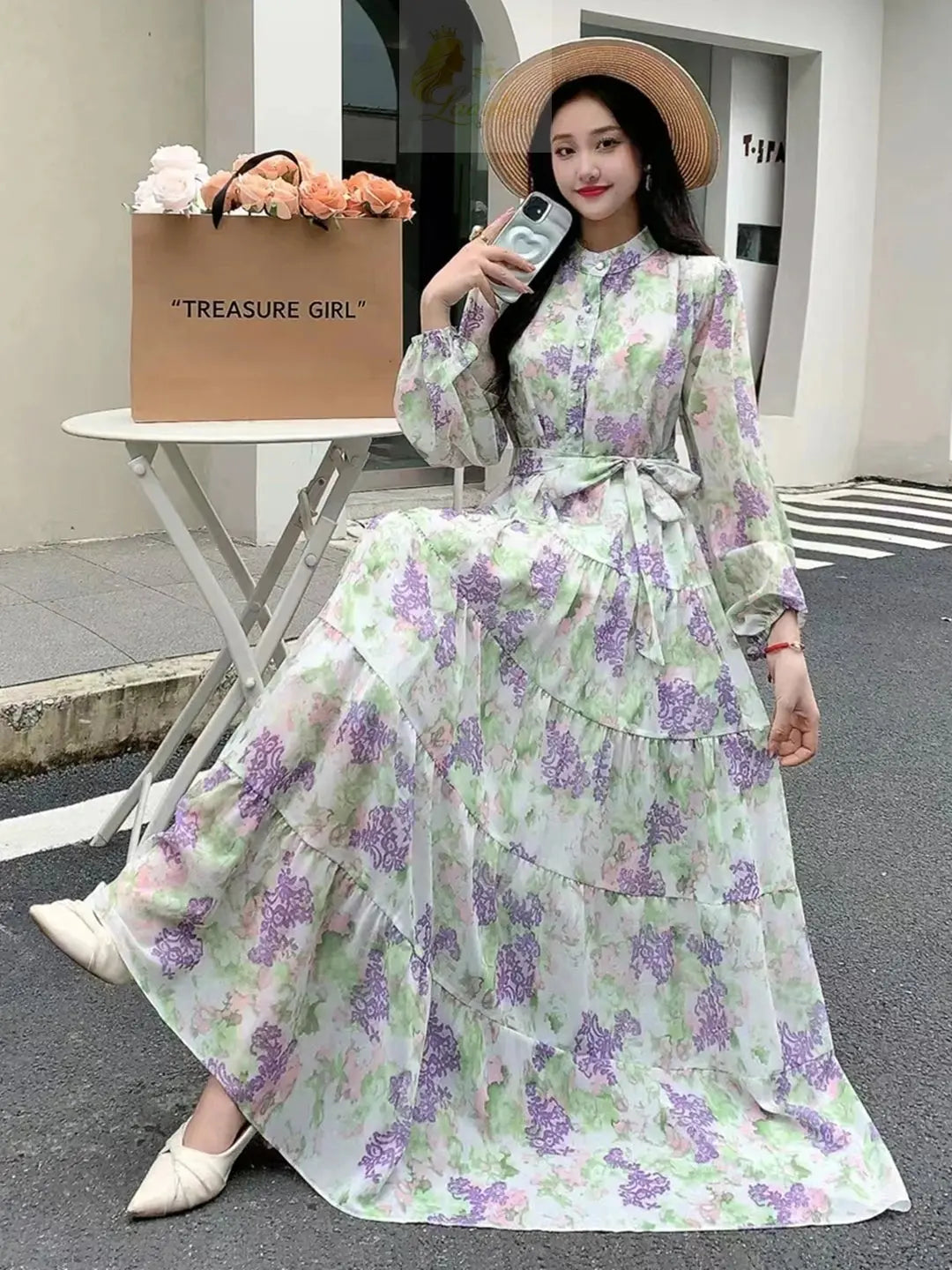 Long Sleeve Bandage Slim Long High Quality Fashion Floral Print Big Hem Chiffon Dress LADYLYS