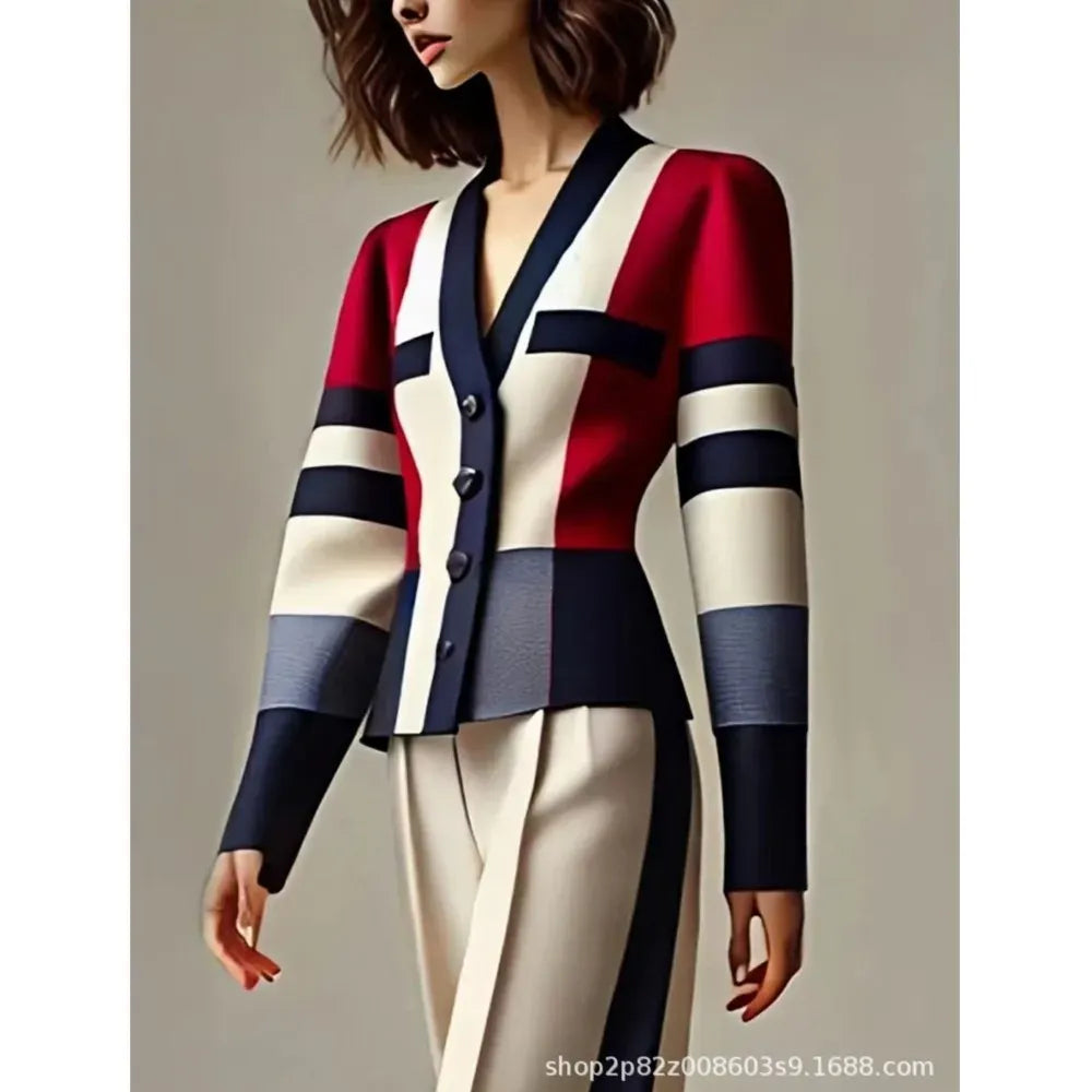 Women's Red Colour-Block Blazer & Trousers Set