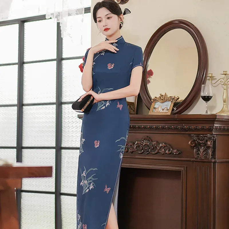 Printed Short-Sleeve Qipao-Inspired Midi Dress