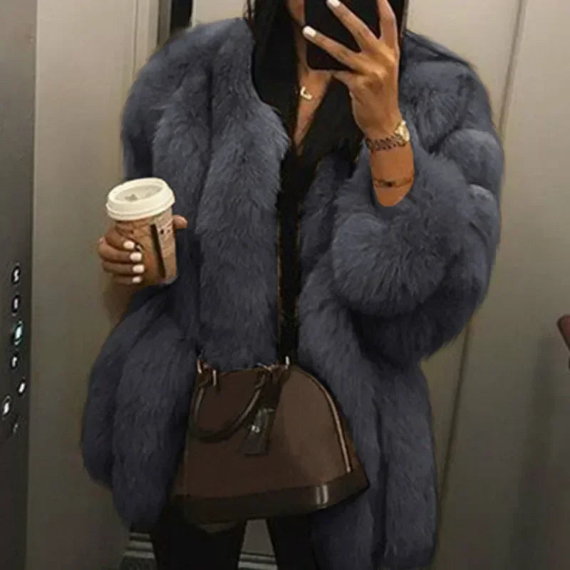 Women's Short Faux Fur Jacket with Puff Sleeves