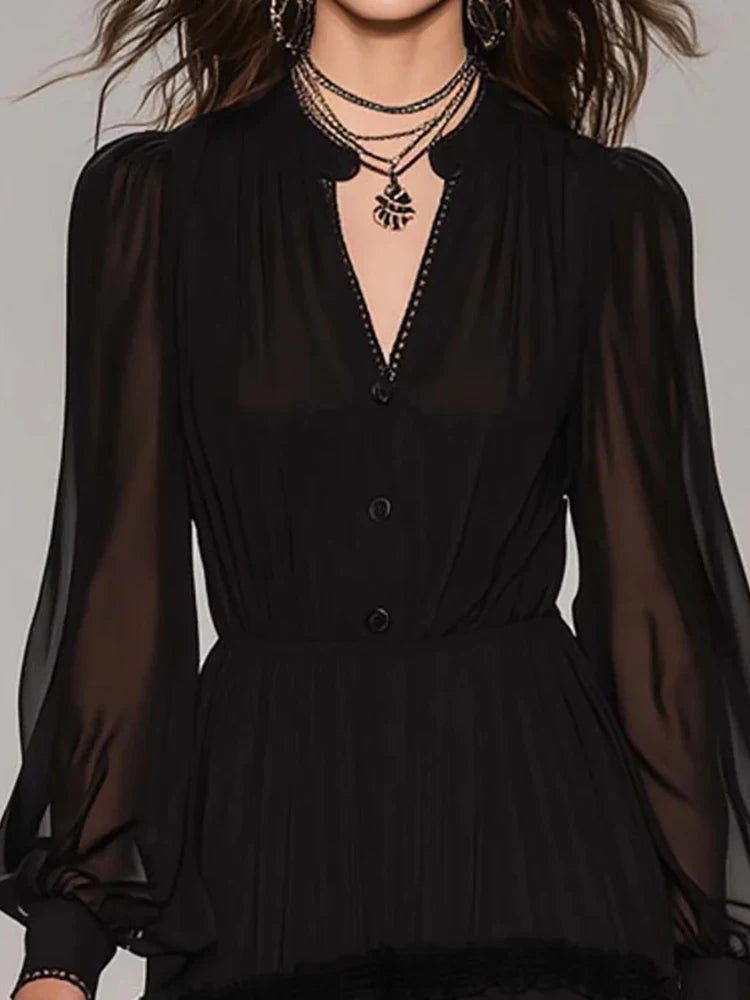 Black V-Neck Maxi Dress – Long Sleeve Mesh Patchwork A-Line | Party & Streetwear