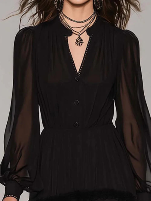 Black V-Neck Maxi Dress – Long Sleeve Mesh Patchwork A-Line | Party & Streetwear