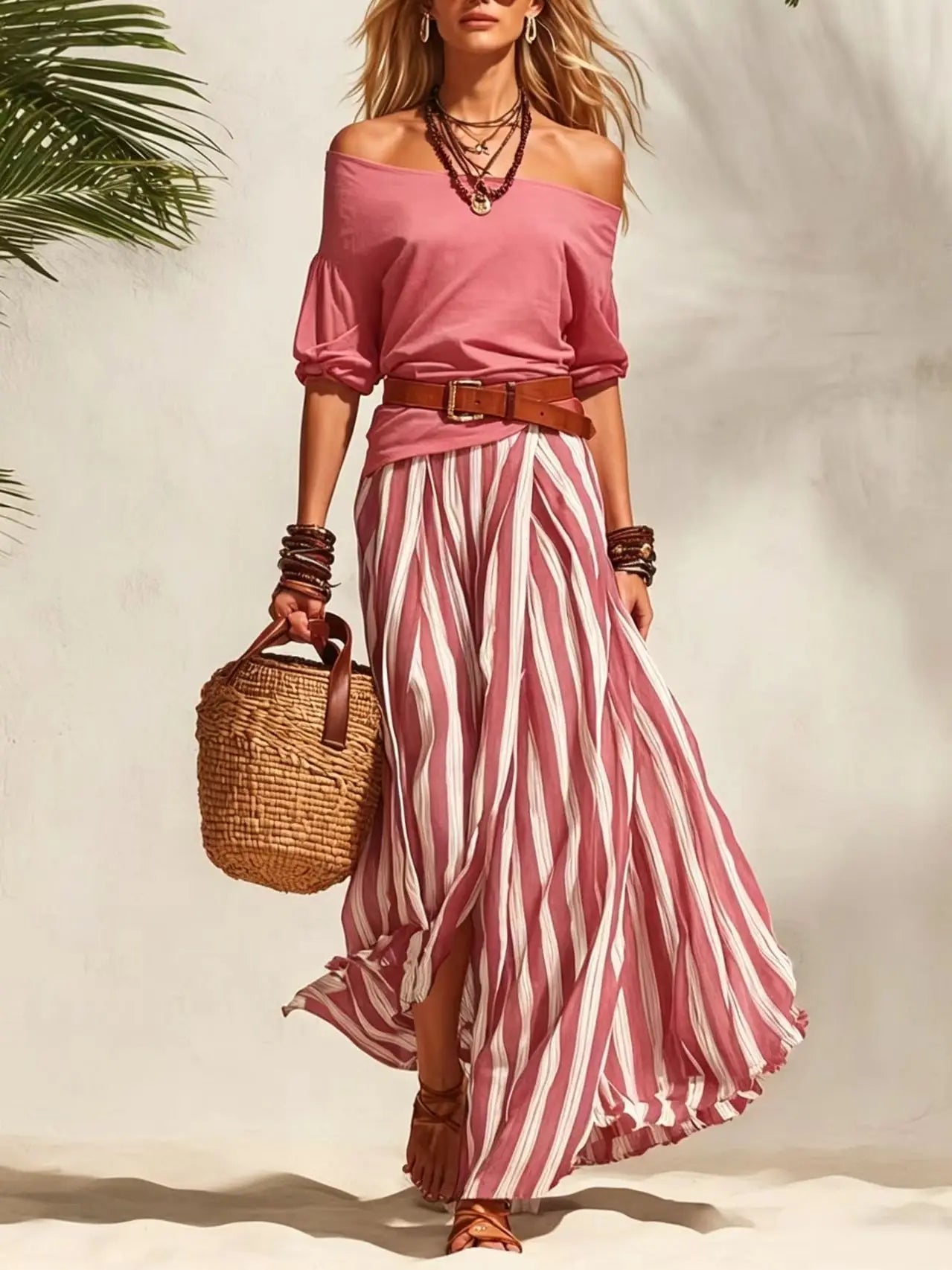 Women's 2-Piece Boho Set – Off-Shoulder Puff Sleeve Top & Vertical Stripe Flowy Maxi Skirt | Casual Vacation Outfit