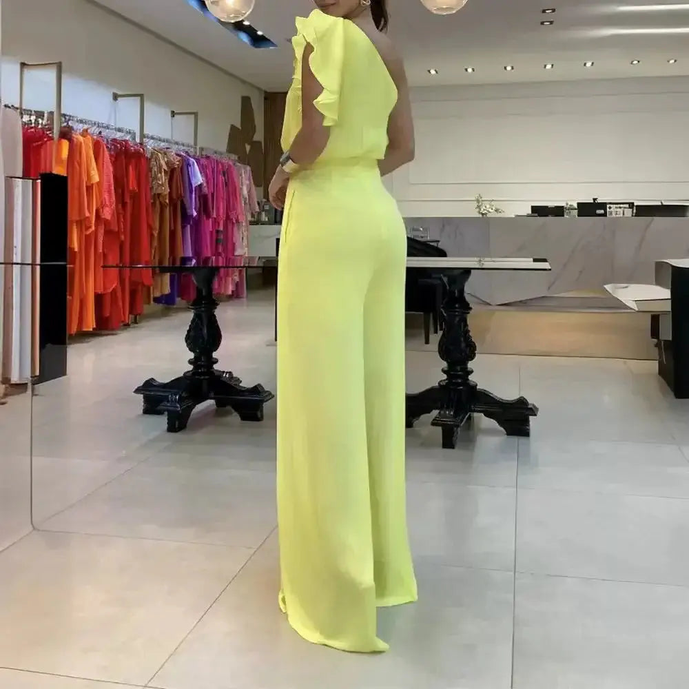 Long Jump Suits for Women Sexy Elegant New Fashion 2024 Summer Casual Floral Pattern One Shoulder Ruffles Conjoined Body Pants LADYLYS