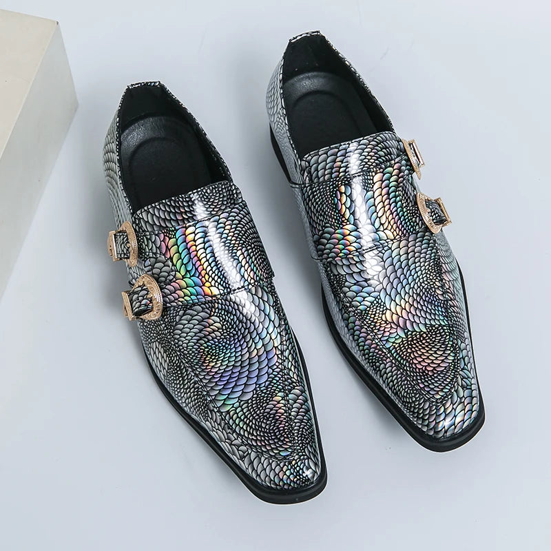 Luxury Men's Glossy Leather Loafers – High-End Green Banquet, Pointed Toe Chelsea