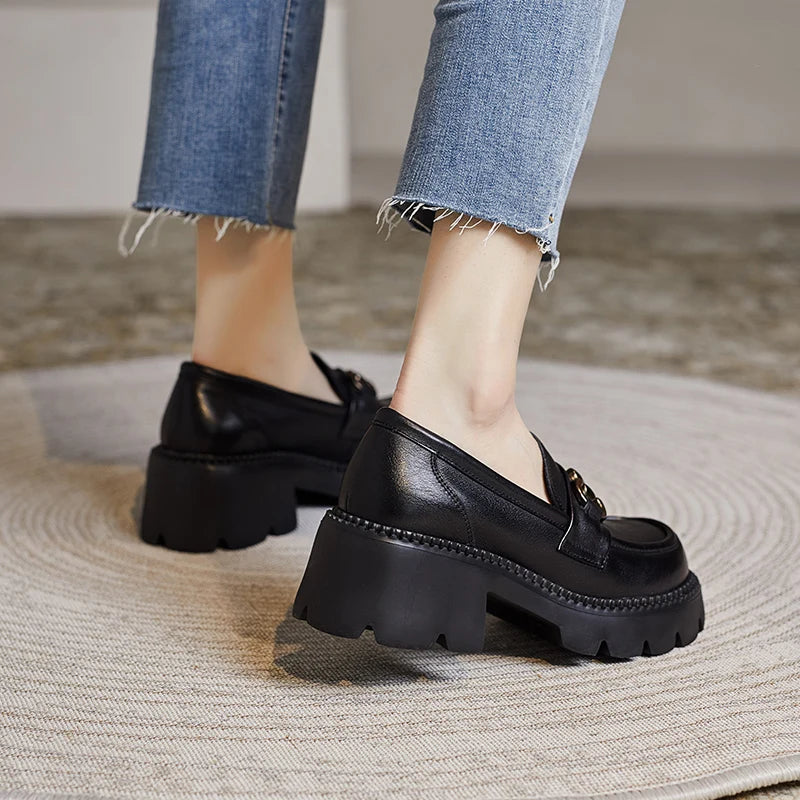 Women's Genuine Leather Loafer Pumps – Thick Square Heel Platform Slip-On with Metal Detail