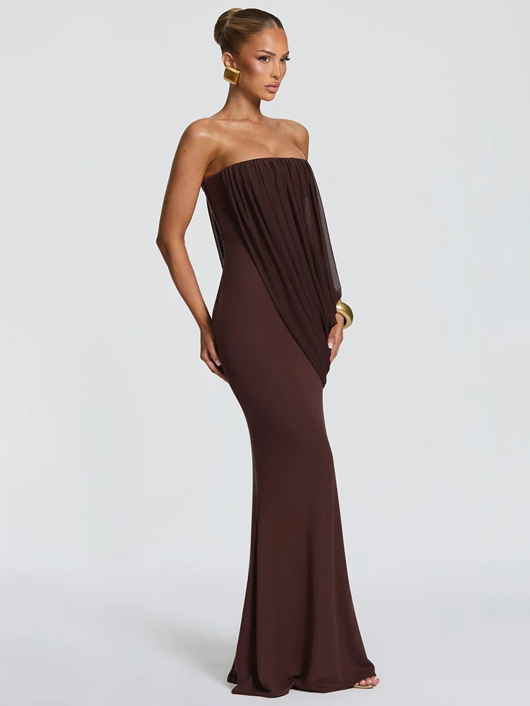Mesh Backless Off-Shoulder Maxi Dress – Ruched High Waist Slim Evening Gown