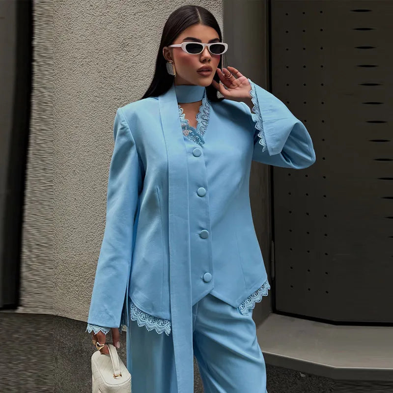 V-Neck Lace Trim Blazer & Ankle Pants Set – Flare Sleeve, Elegant 2-Piece