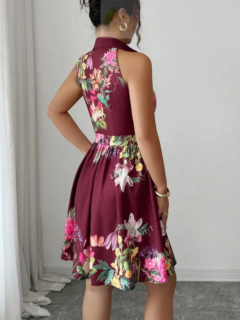 Printed Waist Halterneck Tie Dress Elegant LADYLYS