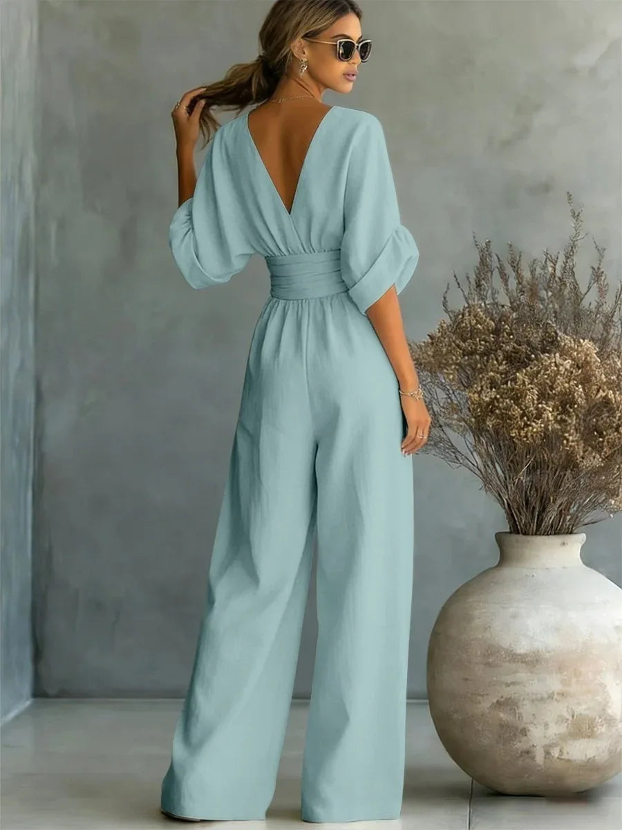 Jumpsuit Fashion High Waist V-neck Casual Sexy  Solid Color LADYLYS